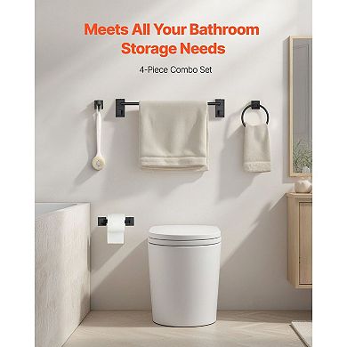 4-Piece Bathroom Hardware Set with Towel Bar, Rack, Hook - Black