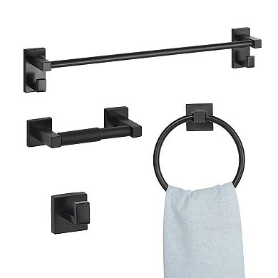 4-Piece Bathroom Hardware Set with Towel Bar, Rack, Hook - Black