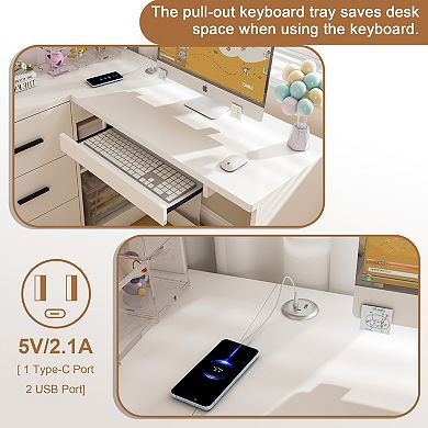 Lufeiya L-Shaped Computer Desk with Glass Cabinets, LED Lights & USB Ports, Corner Office Desk