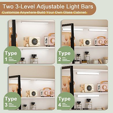 Lufeiya L-Shaped Computer Desk with Glass Cabinets, LED Lights & USB Ports, Corner Office Desk