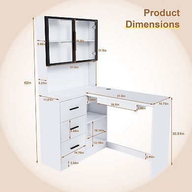 Lufeiya L-Shaped Computer Desk with Glass Cabinets, LED Lights & USB Ports, Corner Office Desk