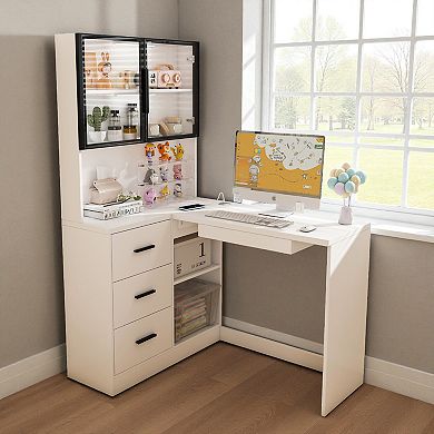 Lufeiya L-Shaped Computer Desk with Glass Cabinets, LED Lights & USB Ports, Corner Office Desk