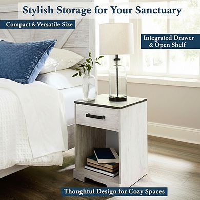 ZUQIETA Shawburn 1-Drawer Nightstand, 22" Tall, Whitewash & Gray Finish