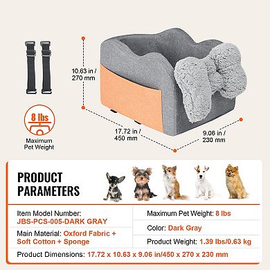 Center console dog car seat, elevated pet booster seat for small dogs (8 lbs), gray