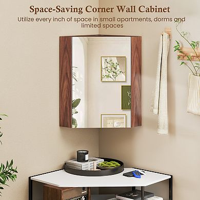 Corner Bathroom Medicine Cabinet with Mirror Door and Adjustable Shelf
