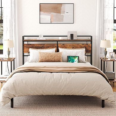 Adjustable Height Headboard with 2 Outlets and 4 USB Ports,Storage Rack, Sturdy and Stable