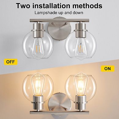 POWLIG 13.4" 2-Light Dimmable Bathroom Vanity Light - Nickel Finish with Clear Glass Shades