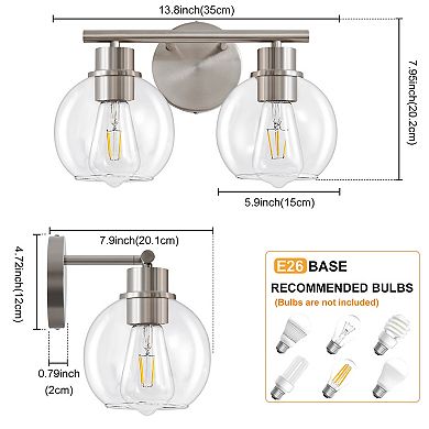 POWLIG 13.4" 2-Light Dimmable Bathroom Vanity Light - Nickel Finish with Clear Glass Shades