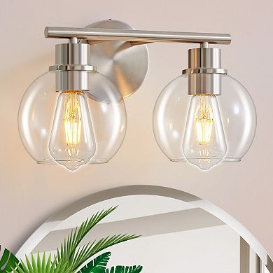 POWLIG 13.4" 2-Light Dimmable Bathroom Vanity Light - Nickel Finish with Clear Glass Shades