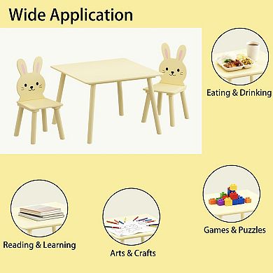 Kids Table and Chair Set, Includes 2 Rabbit-Shaped Chairs, Wooden Activity Table, Yellow
