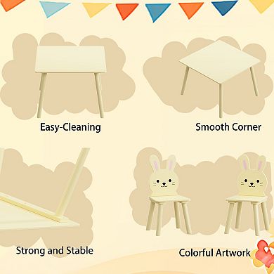 Kids Table and Chair Set, Includes 2 Rabbit-Shaped Chairs, Wooden Activity Table, Yellow