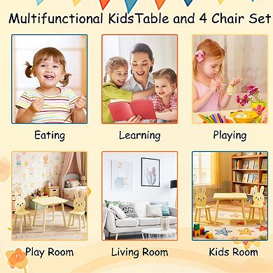 Kids Table and Chair Set, Includes 2 Rabbit-Shaped Chairs, Wooden Activity Table, Yellow