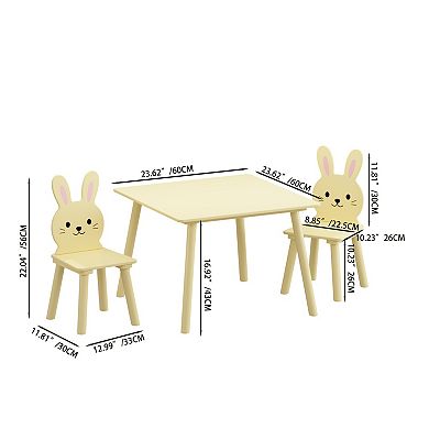 Kids Table and Chair Set, Includes 2 Rabbit-Shaped Chairs, Wooden Activity Table, Yellow