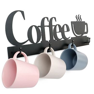 Coffee Mug Wall Rack with Hooks and Coffee Sign