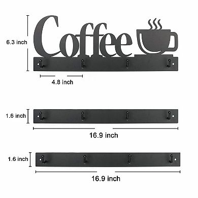 Coffee Mug Wall Rack with Hooks and Coffee Sign