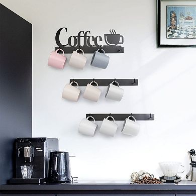 Coffee Mug Wall Rack with Hooks and Coffee Sign