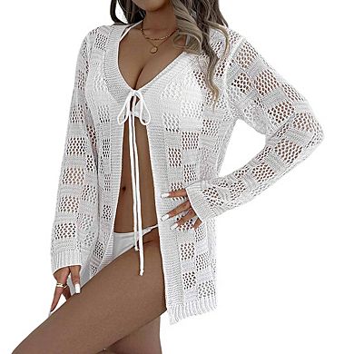 Women's Deep V Neck Long Sleeve Sheer Knit Tie Front Casual Tunic Cover Up Top