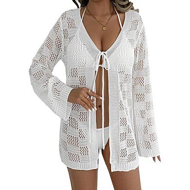 Women's Deep V Neck Long Sleeve Sheer Knit Tie Front Casual Tunic Cover Up Top