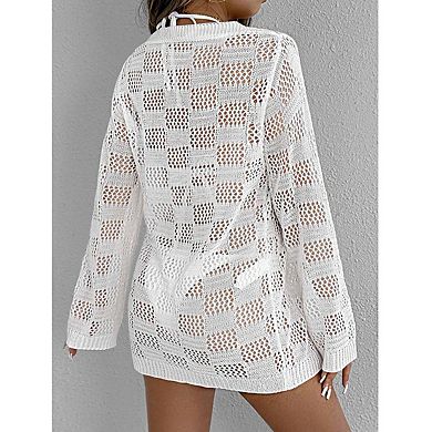 Women's Deep V Neck Long Sleeve Sheer Knit Tie Front Casual Tunic Cover Up Top
