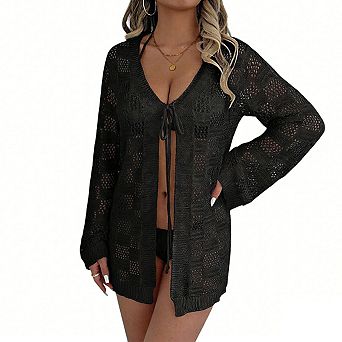 Women's Deep V Neck Long Sleeve Sheer Knit Tie Front Casual Tunic Cover Up Top