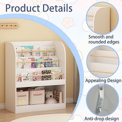 Kids' Open Storage Bookshelf, Children's Bookcase, Multi-Layer Wooden Book Display Rack, White