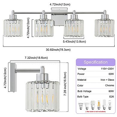 POWLIG 31" 4-Light Chrome Vanity Light with Crystal Shades - Dimmable Bathroom Lighting Fixtures