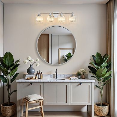 POWLIG 31" 4-Light Chrome Vanity Light with Crystal Shades - Dimmable Bathroom Lighting Fixtures