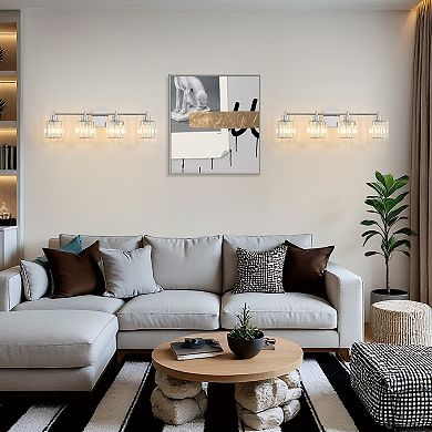 POWLIG 31" 4-Light Chrome Vanity Light with Crystal Shades - Dimmable Bathroom Lighting Fixtures