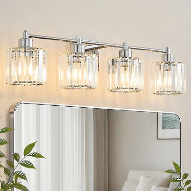 POWLIG 31" 4-Light Chrome Vanity Light with Crystal Shades - Dimmable Bathroom Lighting Fixtures