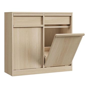 20Gal Natural Oak Double Tilt Out Trash Cabinet,Hidden Pet-Proof Garbage Can,Laundry Hamper,Kitchen