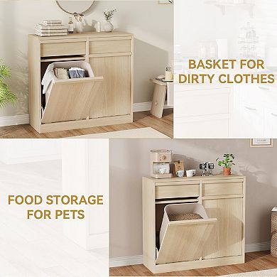 20Gal Natural Oak Double Tilt Out Trash Cabinet,Hidden Pet-Proof Garbage Can,Laundry Hamper,Kitchen