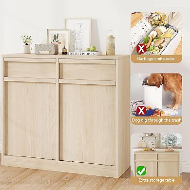 20Gal Natural Oak Double Tilt Out Trash Cabinet,Hidden Pet-Proof Garbage Can,Laundry Hamper,Kitchen