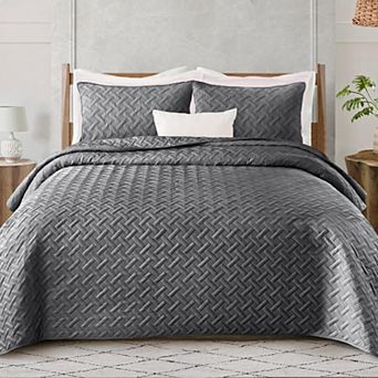 Soft Quilt Set Queen Full Size, 3 pc Lightweight Quilts Grey Bedspreads Coverlets Bedding Set
