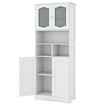 58.5 Inch Freestanding Linen Bathroom Storage Cabinet with Frosted Glass Doors