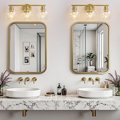 POWLIG 21.65" 3-Light Gold Dimmable Bathroom Vanity Light Modern Wall Sconce with Clear Glass Shades