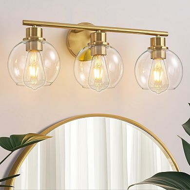 POWLIG 21.65" 3-Light Gold Dimmable Bathroom Vanity Light Modern Wall Sconce with Clear Glass Shades