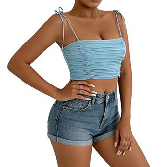Women's Ruched Spaghetti Strap Crop Top Adjustable Tie Cami Blouse Casual Summer Tank Shirt