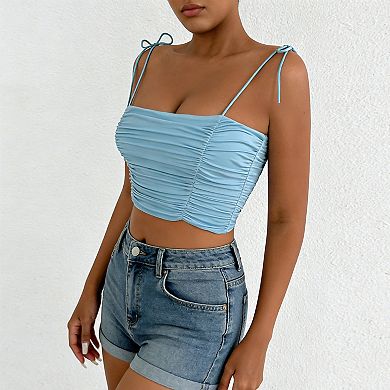 Women's Ruched Spaghetti Strap Crop Top Adjustable Tie Cami Blouse Casual Summer Tank Shirt