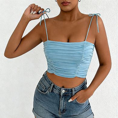 Women's Ruched Spaghetti Strap Crop Top Adjustable Tie Cami Blouse Casual Summer Tank Shirt