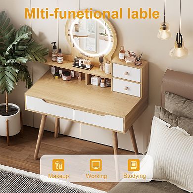 Lufeiya Makeup Vanity Desk with Lighted Mirror, Dressing Table with Storage Drawers and Shelves