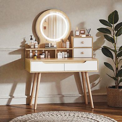 Lufeiya Makeup Vanity Desk with Lighted Mirror, Dressing Table with Storage Drawers and Shelves