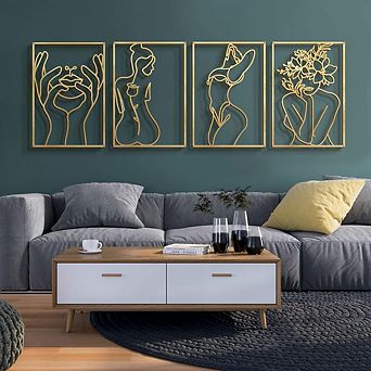 KSIZUIS Gold Line Art Wall Decor - 4 Pack Real Metal Woman's Body Shape, 17"x11.8"