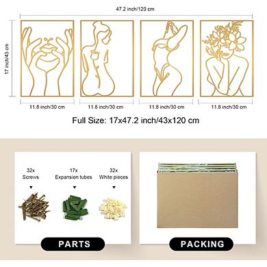KSIZUIS Gold Line Art Wall Decor - 4 Pack Real Metal Woman's Body Shape, 17"x11.8"