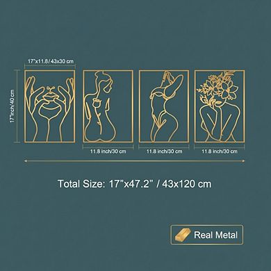 KSIZUIS Gold Line Art Wall Decor - 4 Pack Real Metal Woman's Body Shape, 17"x11.8"