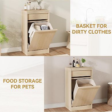 10Gal Natural Oak Tilt Out Trash Cabinet,Hidden Pet-Proof Garbage Can,Laundry Hamper,Kitchen Dining