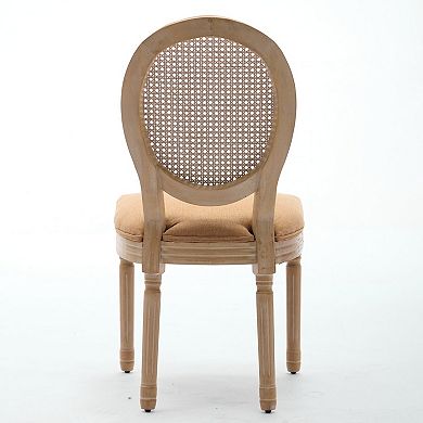 French Style Solid Wood Frame Dining Chair with Linen Fabric Rattan Back Set of 2