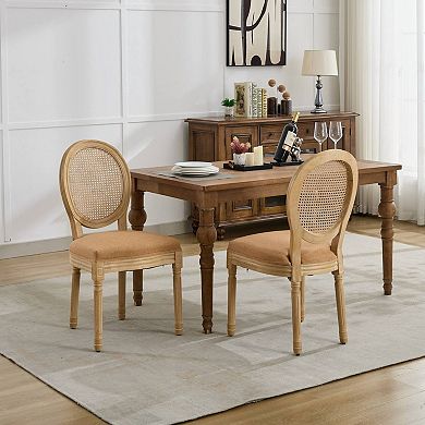 French Style Solid Wood Frame Dining Chair with Linen Fabric Rattan Back Set of 2