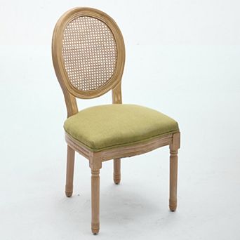 French Style Solid Wood Frame Dining Chair with Linen Fabric Rattan Back Set of 2