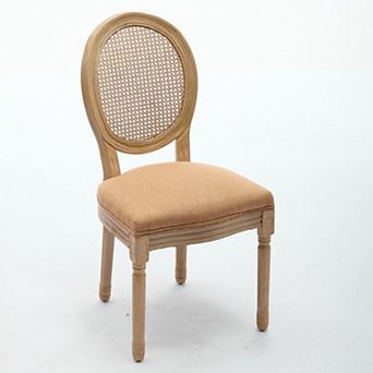French Style Solid Wood Frame Dining Chair with Linen Fabric Rattan Back Set of 2