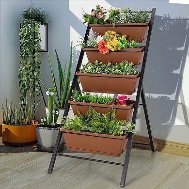 5-tier Vertical Garden Planter Box Elevated Raised Bed w/5 Container Brown
